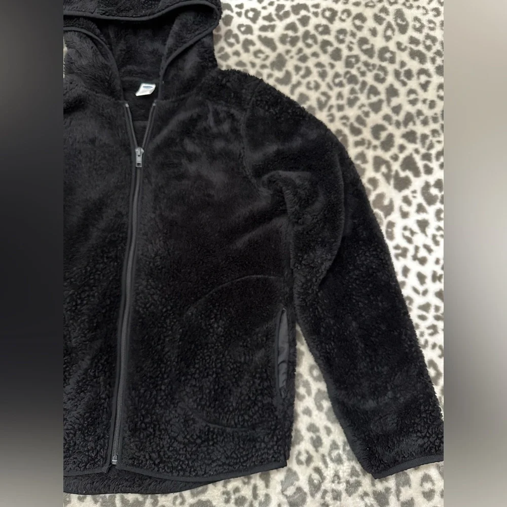 Old Navy Fuzzy Full Zip Hooded Jacket in Black Jack Size XL 14 Girls